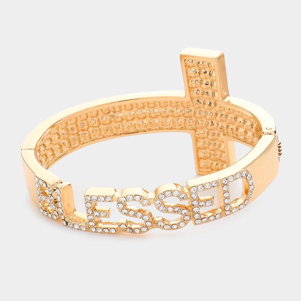 Gold BLESSED Rhinestone Embellished Cross Hinged Bracelet - Jewelry Store by Erik Rayo