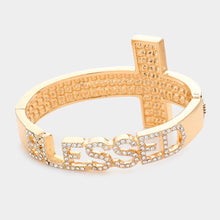 Load image into Gallery viewer, Gold BLESSED Rhinestone Embellished Cross Hinged Bracelet
