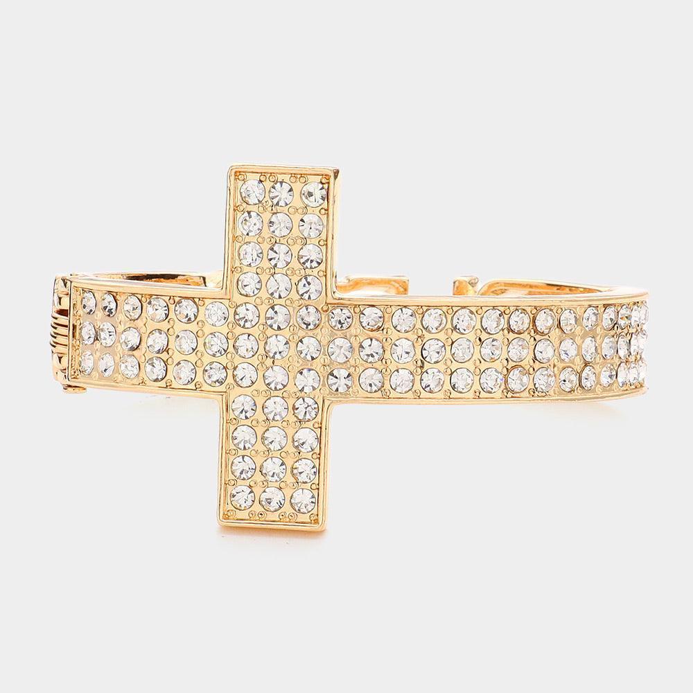 Gold BLESSED Rhinestone Embellished Cross Hinged Bracelet - Jewelry Store by Erik Rayo