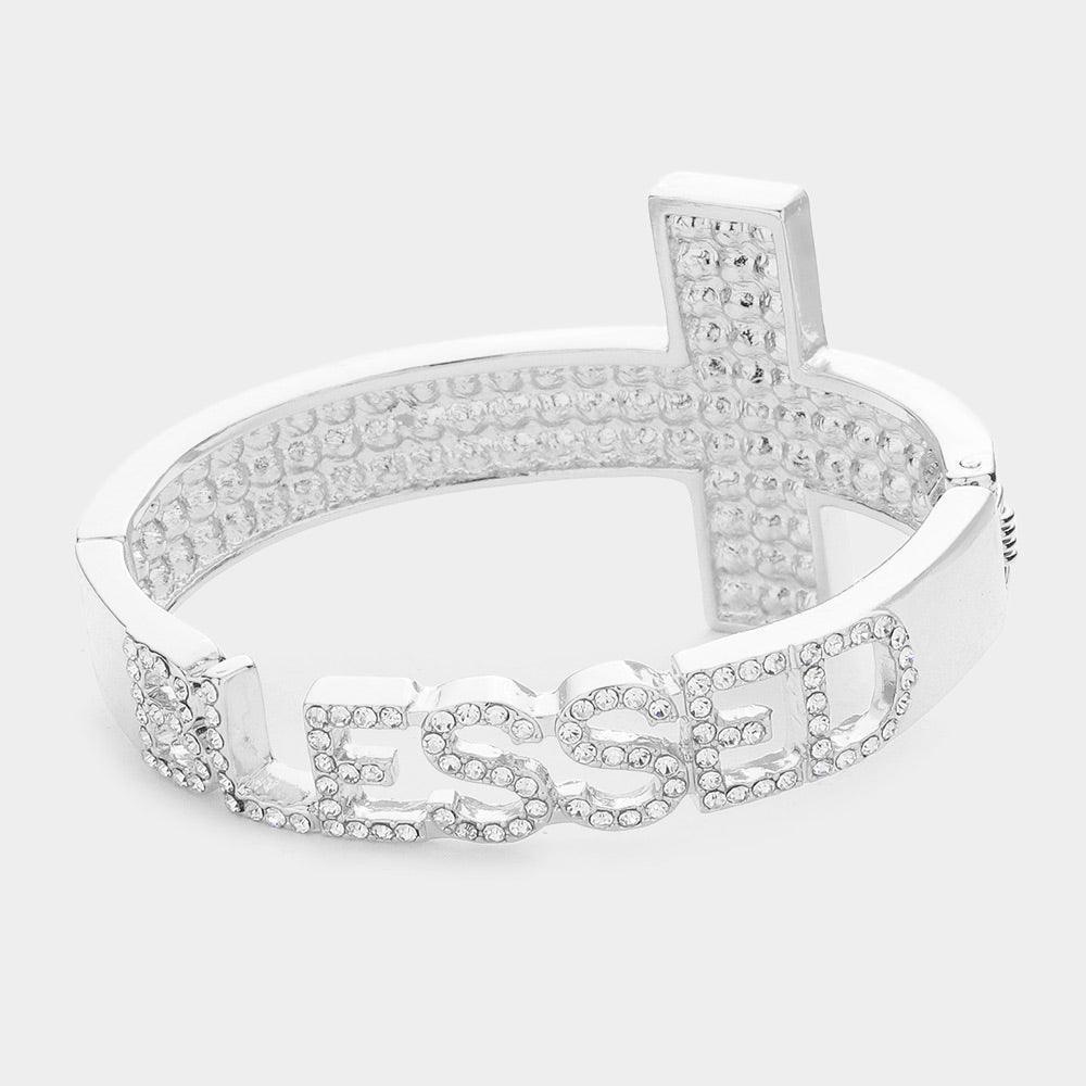Silver BLESSED Rhinestone Embellished Cross Hinged Bracelet - Jewelry Store by Erik Rayo