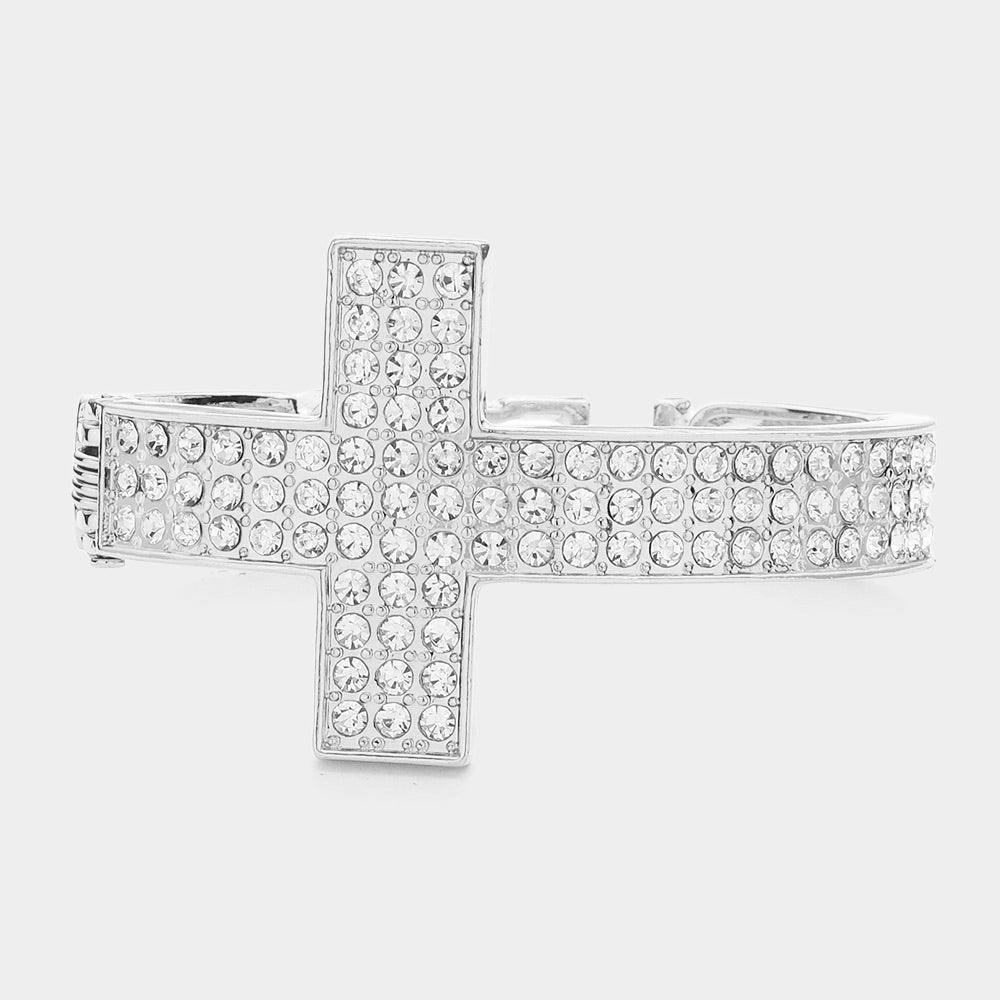 Silver BLESSED Rhinestone Embellished Cross Hinged Bracelet - Jewelry Store by Erik Rayo