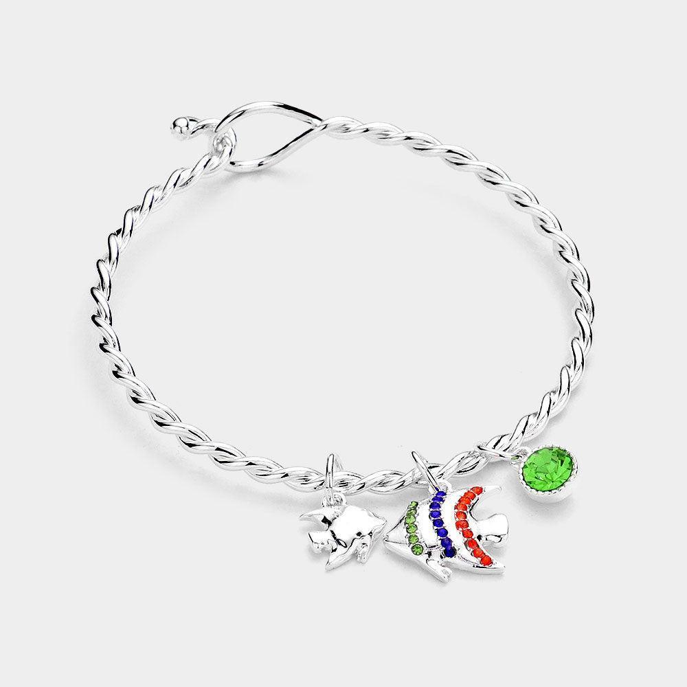 Silver Rhinestone Embellished Fish Charm Hook Bracelet - Jewelry Store by Erik Rayo