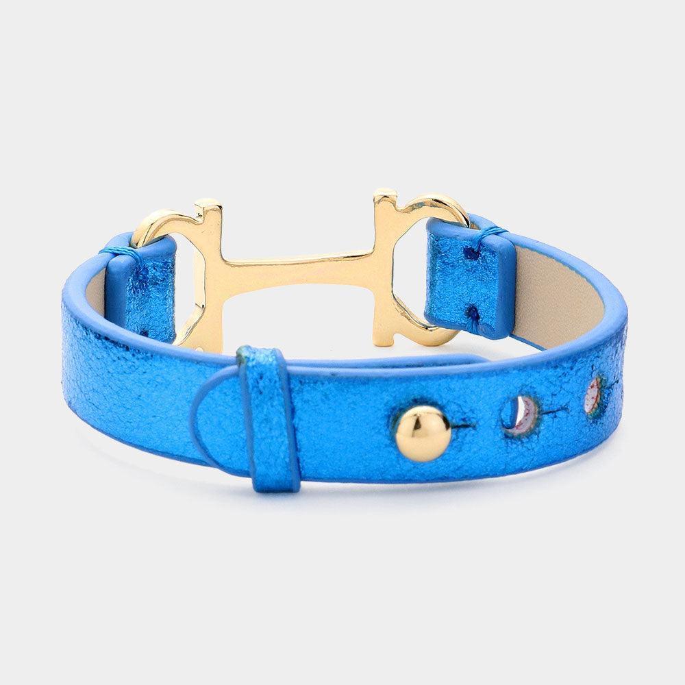 Blue Faux Leather Metal H Pointed Snap Bracelet - Jewelry Store by Erik Rayo
