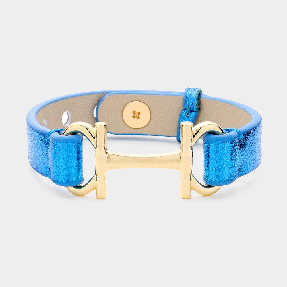 Blue Faux Leather Metal H Pointed Snap Bracelet