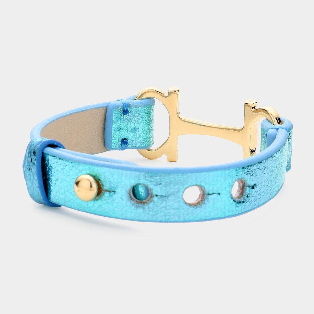 Turquoise Faux Leather Metal H Pointed Snap Bracelet - Jewelry Store by Erik Rayo