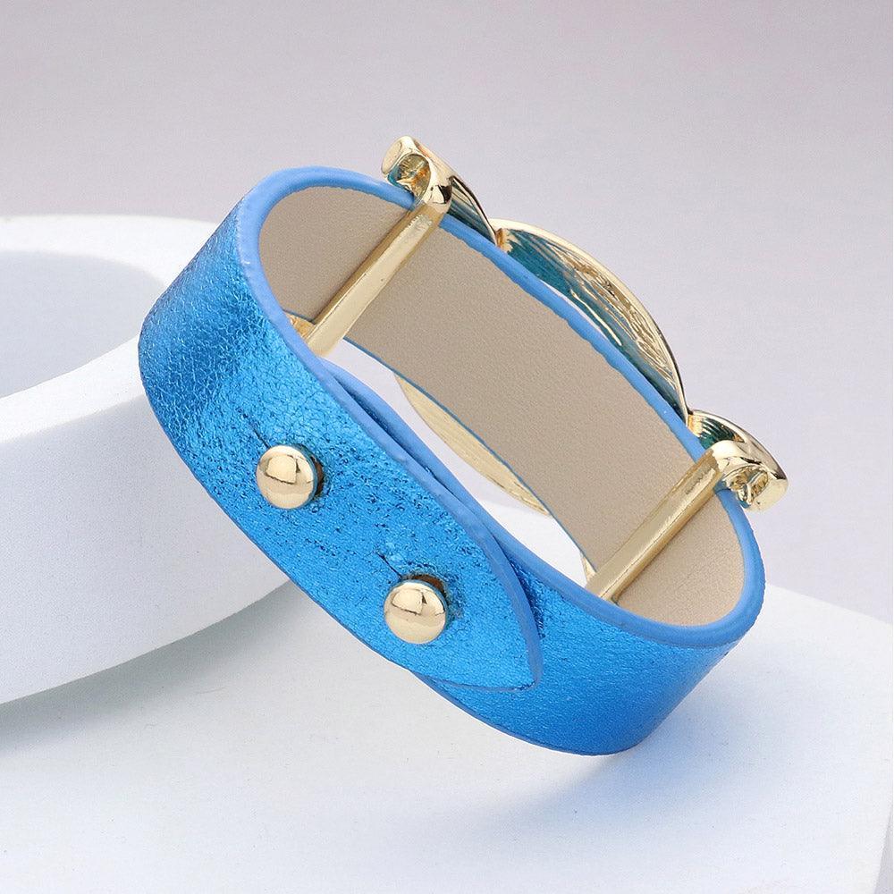 Blue Faux Sparkle Leather Metal Link Accented Snap Bracelet - Jewelry Store by Erik Rayo