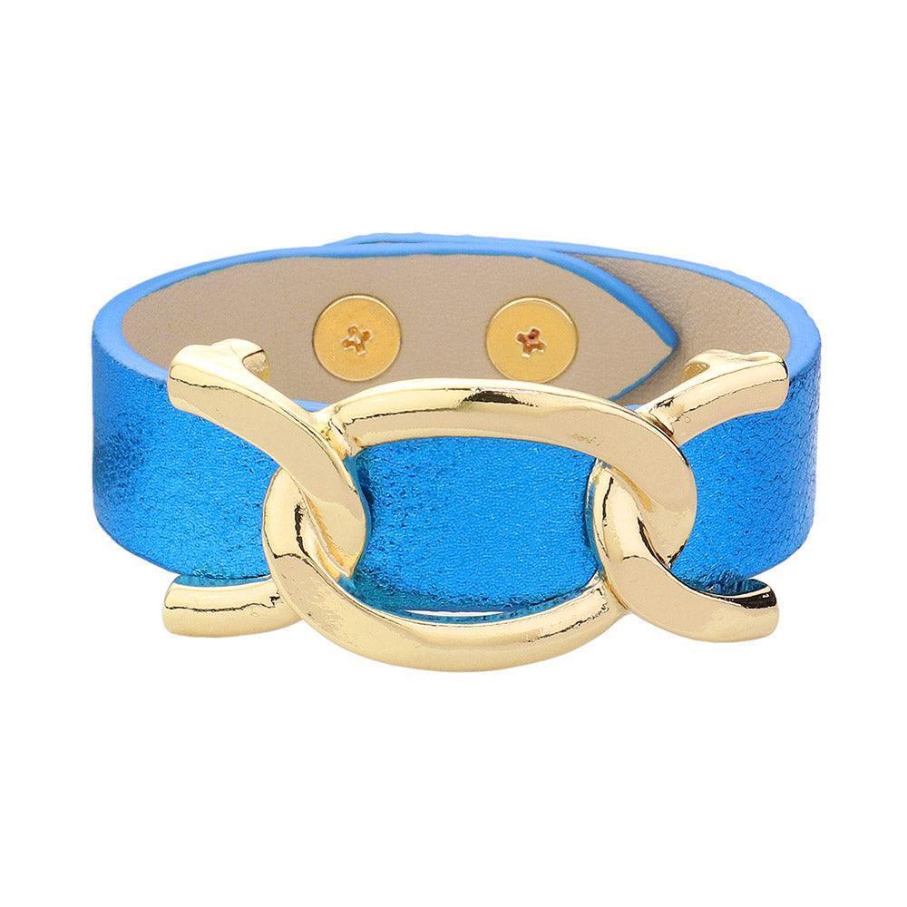 Blue Faux Sparkle Leather Metal Link Accented Snap Bracelet - Jewelry Store by Erik Rayo