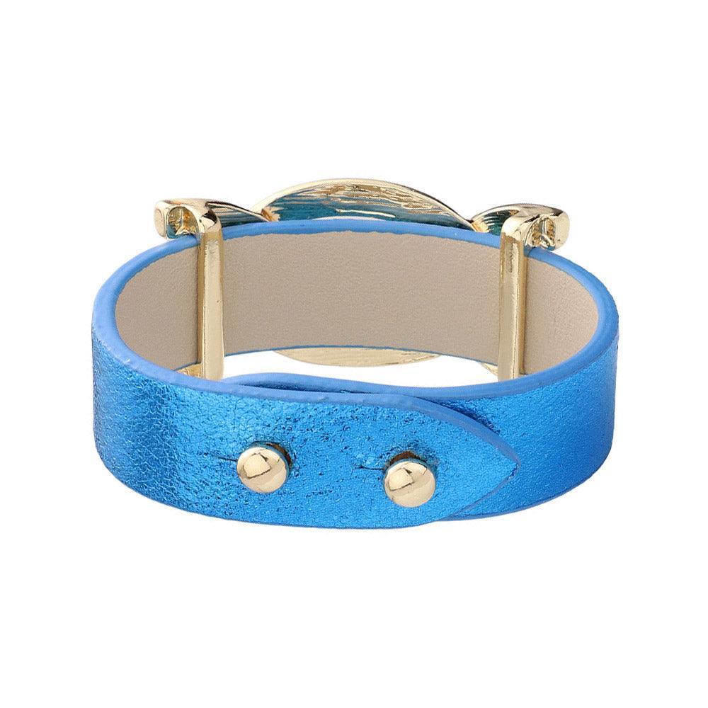 Blue Faux Sparkle Leather Metal Link Accented Snap Bracelet - Jewelry Store by Erik Rayo