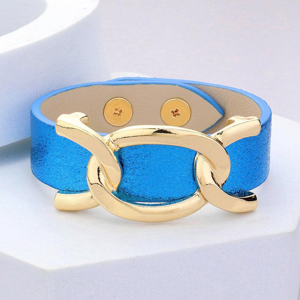 Blue Faux Sparkle Leather Metal Link Accented Snap Bracelet