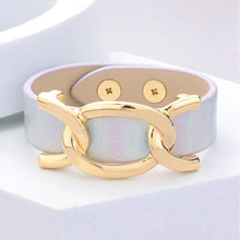 Load image into Gallery viewer, Gold Faux Sparkle Leather Metal Link Accented Snap Bracelet
