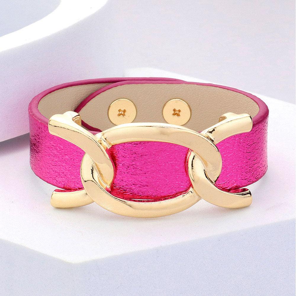 Pink Faux Sparkle Leather Metal Link Accented Snap Bracelet