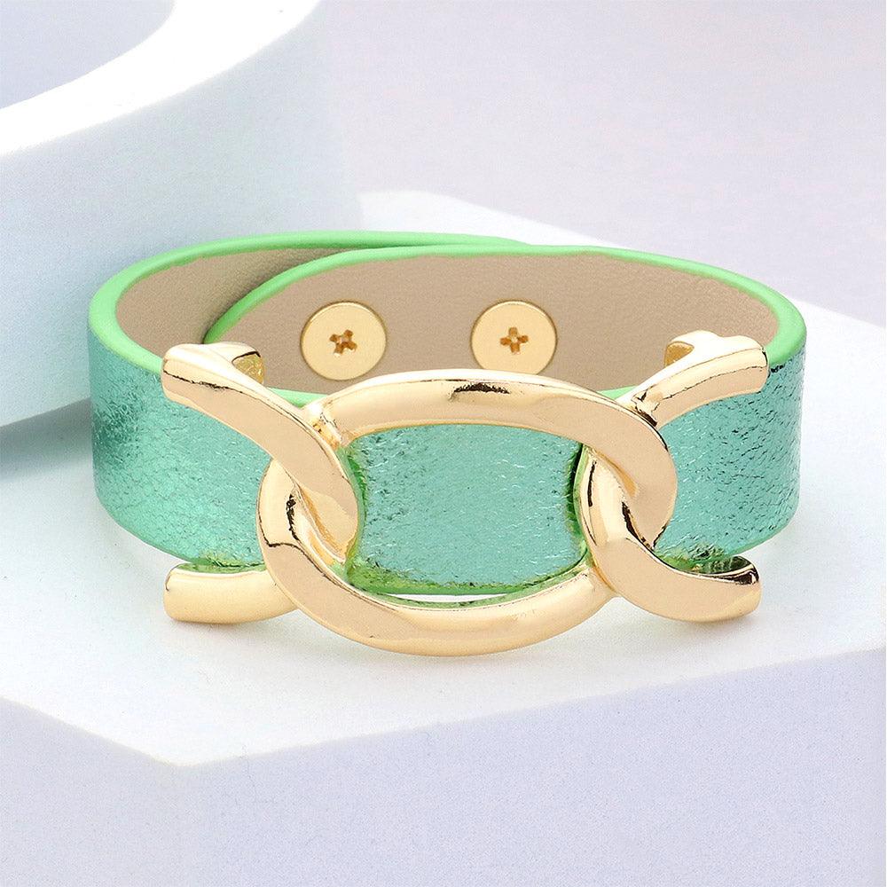 Green Faux Sparkle Leather Metal Link Accented Snap Bracelet