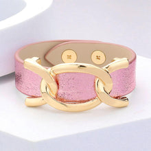 Load image into Gallery viewer, Pink Faux Sparkle Leather Metal Link Accented Snap Bracelet
