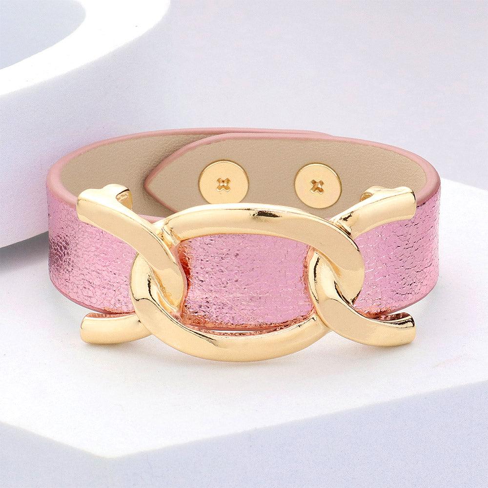 Pink Faux Sparkle Leather Metal Link Accented Snap Bracelet