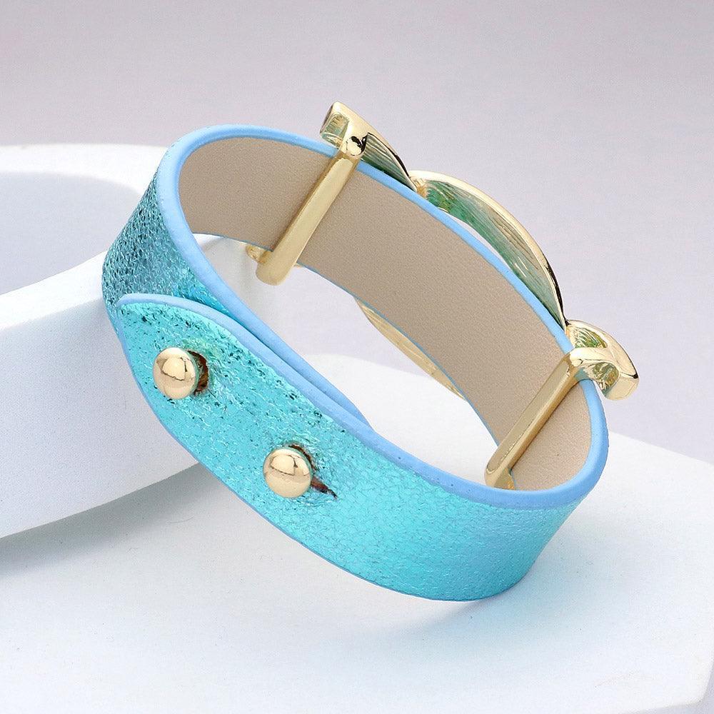 Turquoise Faux Sparkle Leather Metal Link Accented Snap Bracelet - Jewelry Store by Erik Rayo