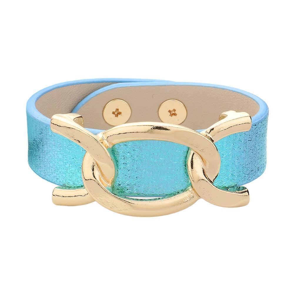 Turquoise Faux Sparkle Leather Metal Link Accented Snap Bracelet - Jewelry Store by Erik Rayo