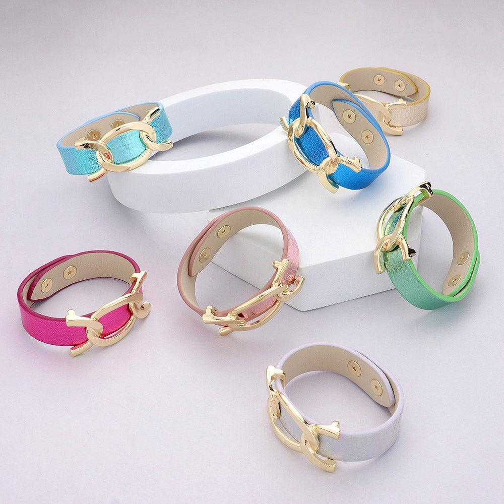 Turquoise Faux Sparkle Leather Metal Link Accented Snap Bracelet - Jewelry Store by Erik Rayo