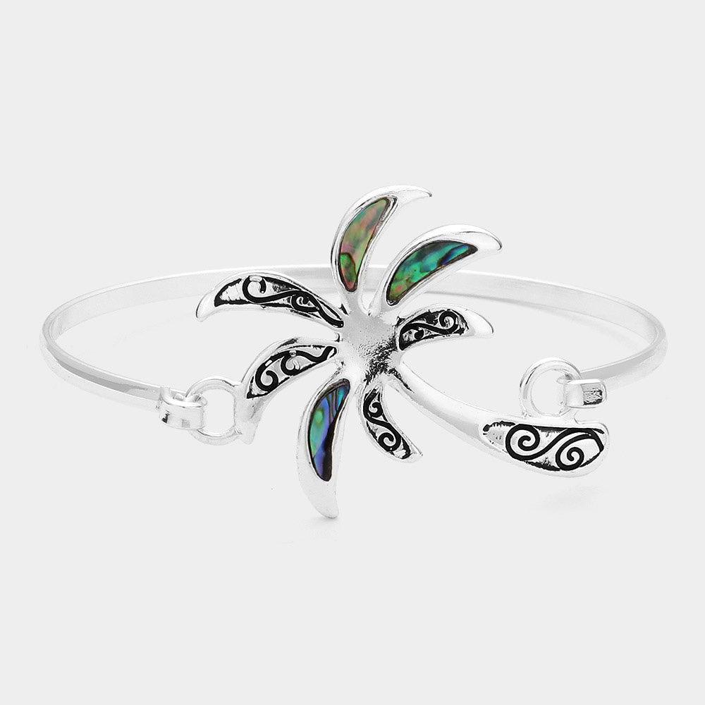 Silver Antique Metal Abalone Palm Tree Bangle Bracelet