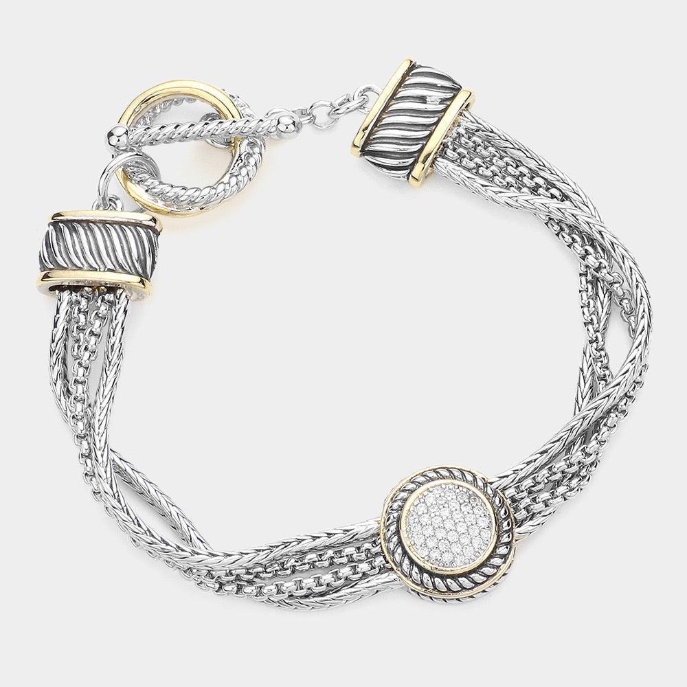 Two Tone CZ Embellished Round Accented Metal Layered Toggle Bracelet - Jewelry Store by Erik Rayo