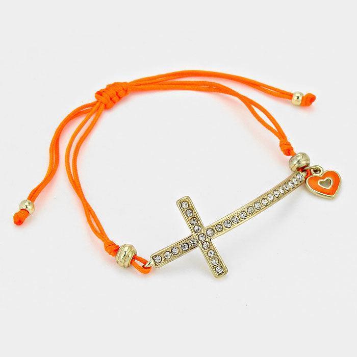 Orange Crystal Pave Cross & Heart Charm Thread Bracelet - Jewelry Store by Erik Rayo