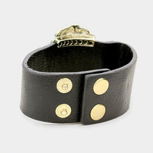 Load image into Gallery viewer, Gold Lion Accented Leather Snap Button Bracelet
