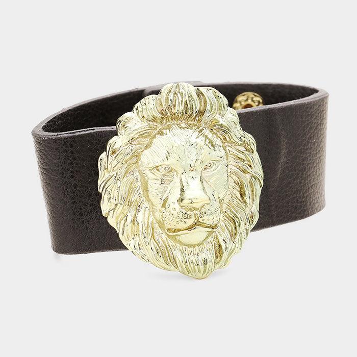 Gold Lion Accented Leather Snap Button Bracelet