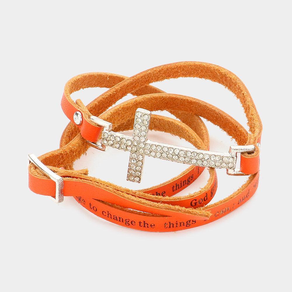 Orange Cross Accented Message Faux Leather Band Wrap Bracelet - Jewelry Store by Erik Rayo