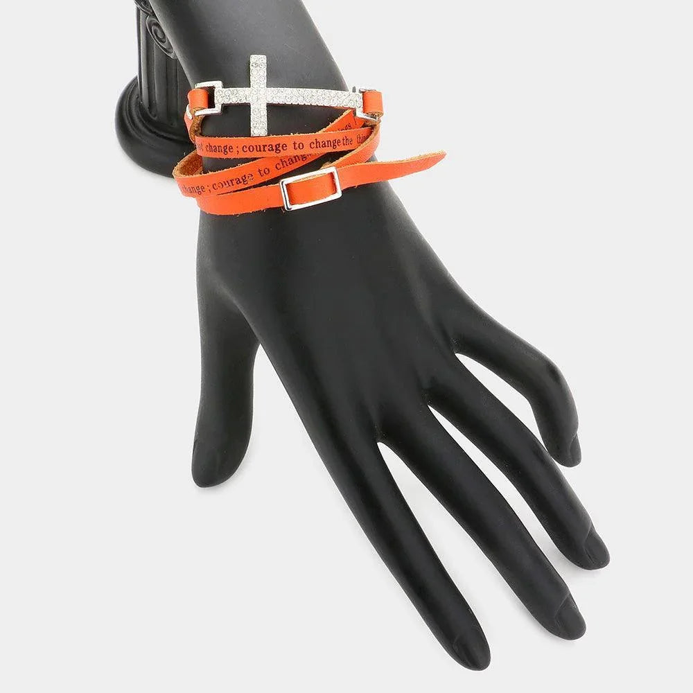 Orange Cross Accented Message Faux Leather Band Wrap Bracelet - Jewelry Store by Erik Rayo