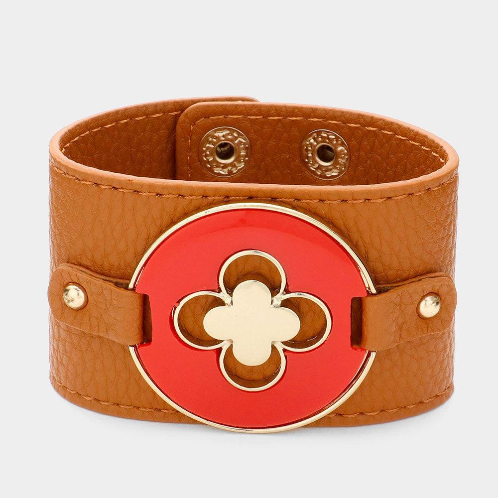 Red Quatrefoil Accented Faux Leather Bracelet - Jewelry Store by Erik Rayo