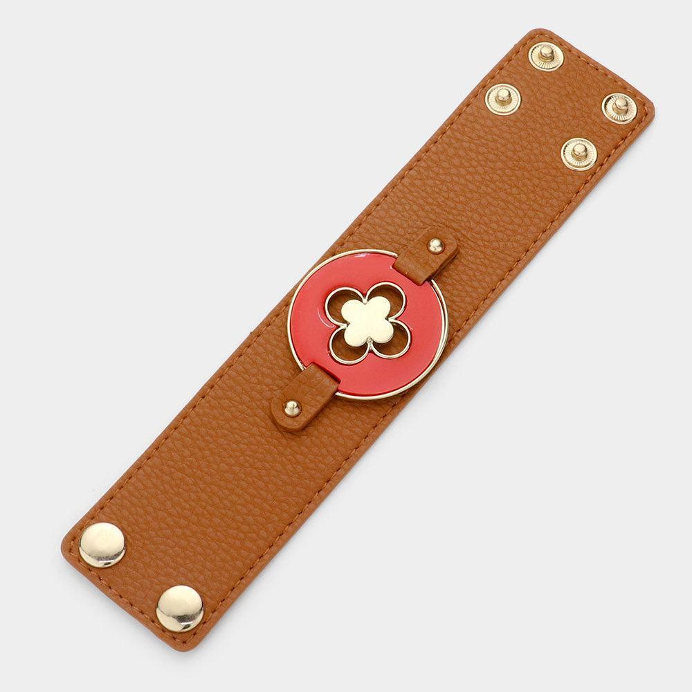 Red Quatrefoil Accented Faux Leather Bracelet - Jewelry Store by Erik Rayo