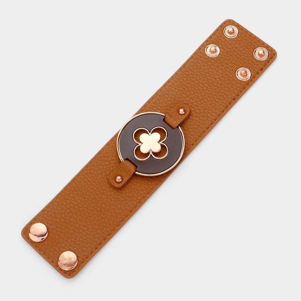 Brown Quatrefoil Accented Faux Leather Bracelet - Jewelry Store by Erik Rayo