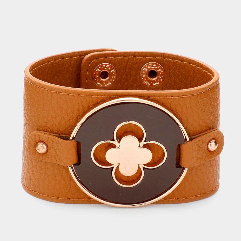 Brown Quatrefoil Accented Faux Leather Bracelet - Jewelry Store by Erik Rayo