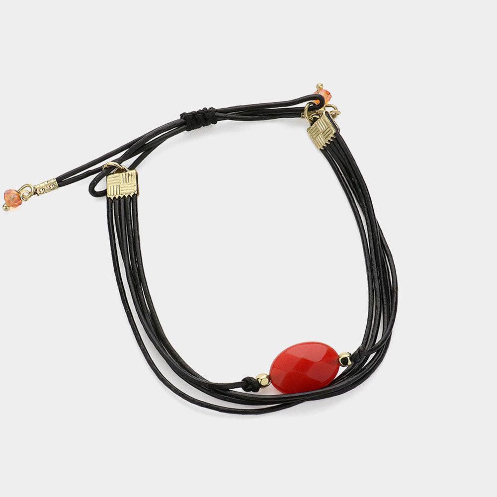 Red Natural stone accented faux leather cinch bracelet