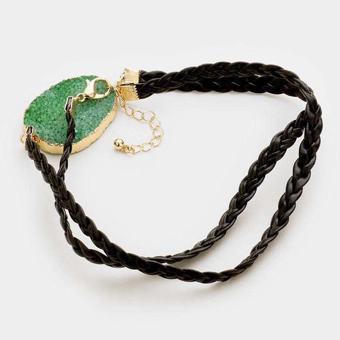 Green Raw druzy slice & twisted faux leather wrap bracelet - Jewelry Store by Erik Rayo