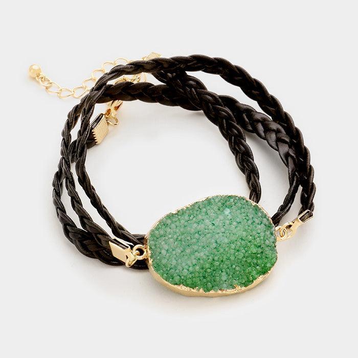 Green Raw druzy slice & twisted faux leather wrap bracelet - Jewelry Store by Erik Rayo