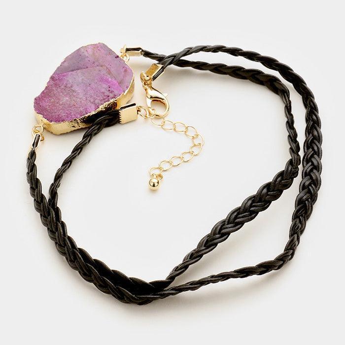 Purple Raw druzy slice & twisted faux leather wrap bracelet - Jewelry Store by Erik Rayo