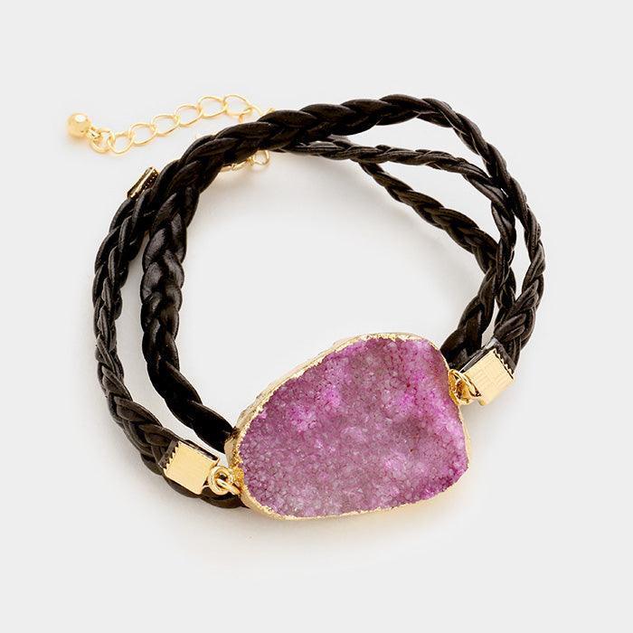 Purple Raw druzy slice & twisted faux leather wrap bracelet - Jewelry Store by Erik Rayo