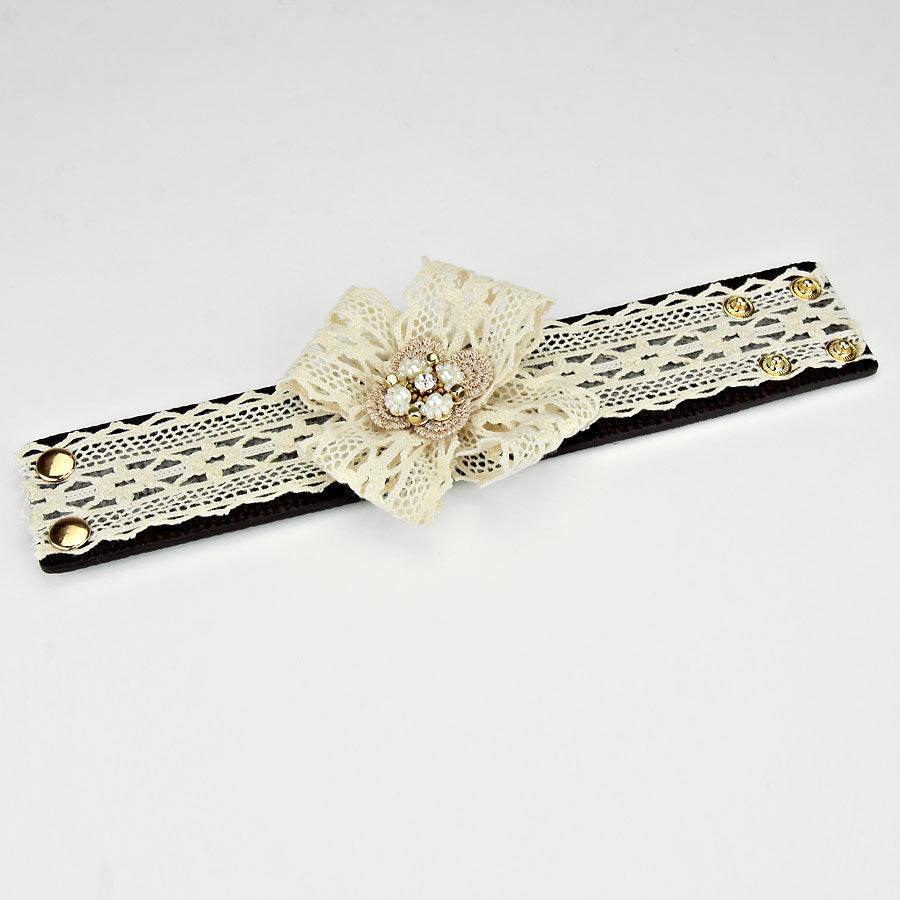 Beige Laced Flower faux leather wrap Bracelet - Jewelry Store by Erik Rayo
