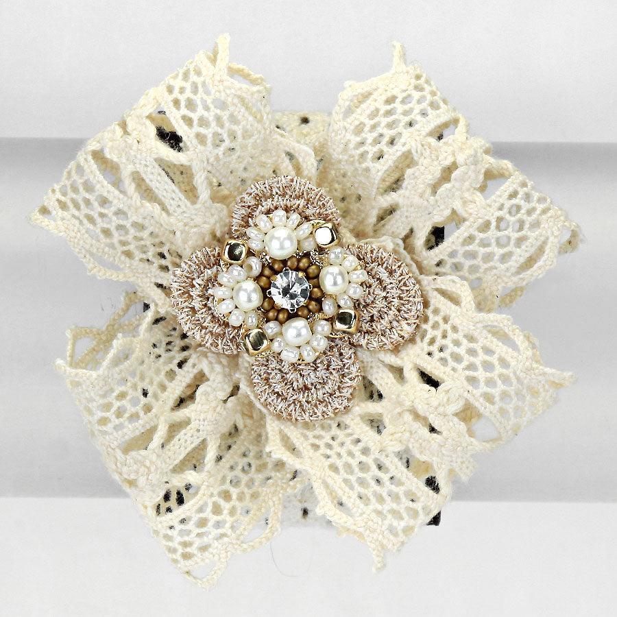 Beige Laced Flower faux leather wrap Bracelet - Jewelry Store by Erik Rayo