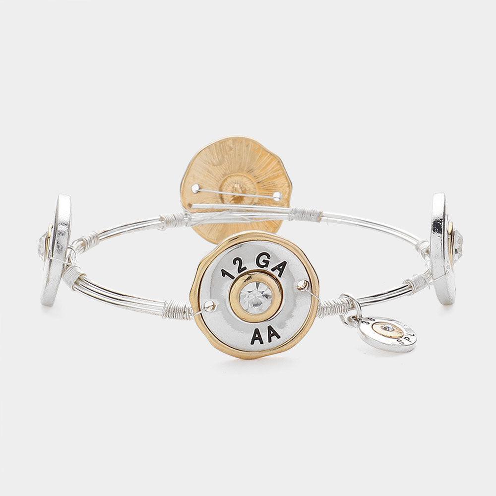 Clear Stone Pointed Disc with Message Metal Wire Bangle Bracelet