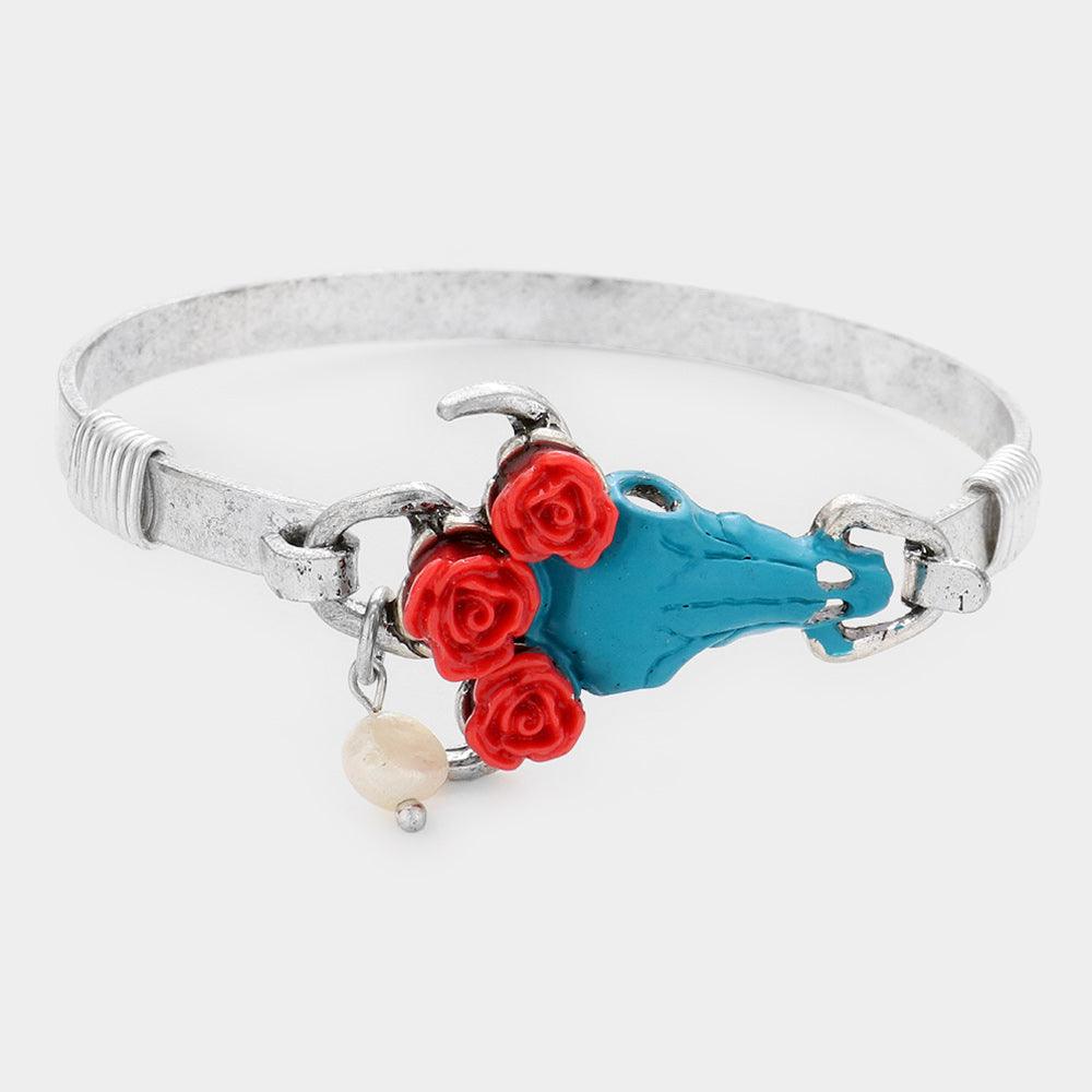 Turquoise Triple Flower Steer Head Pearl Charm Hook Bracelet