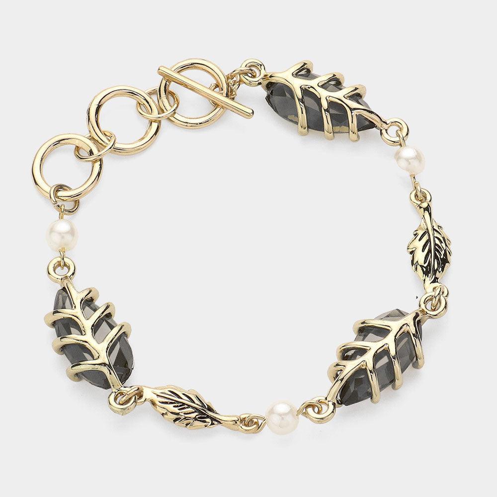 Black Antique Metal Leaf Pearl Toggle Bracelet - Jewelry Store by Erik Rayo