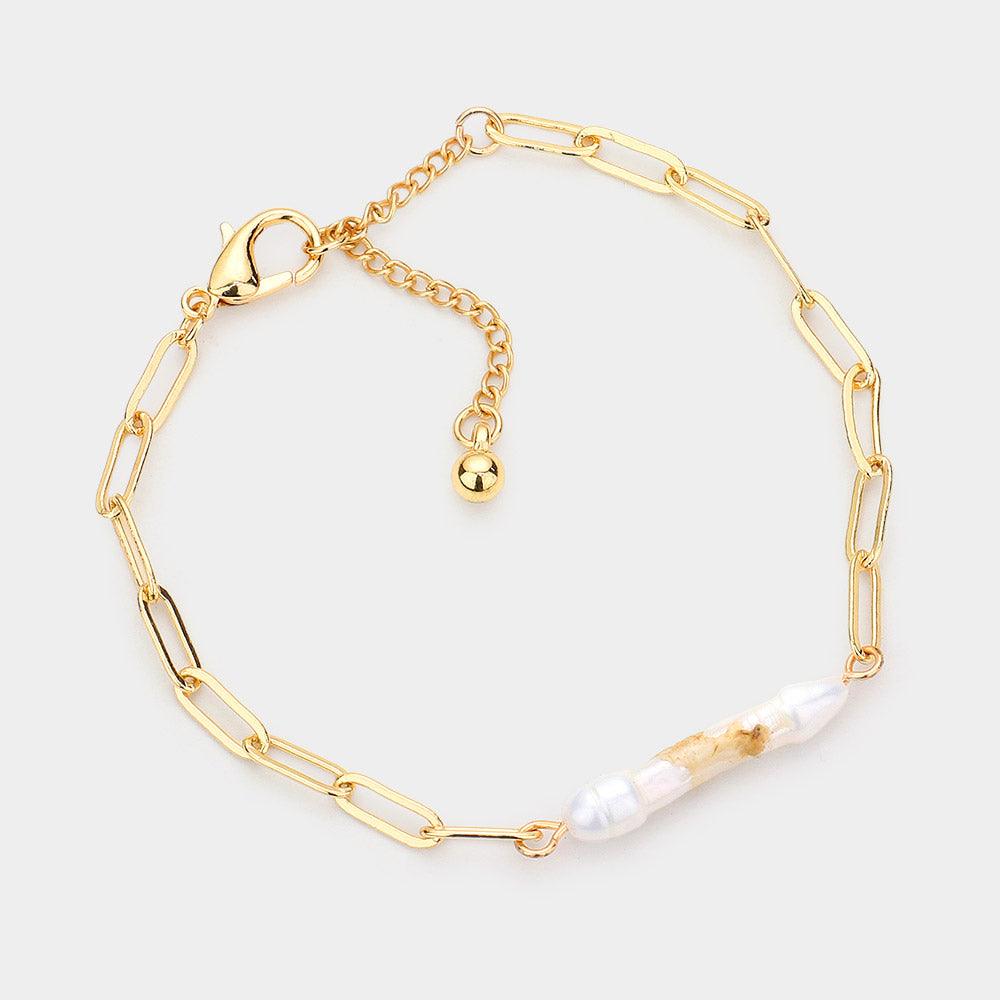 Gold Pearl Accented Metal Link Bracelet