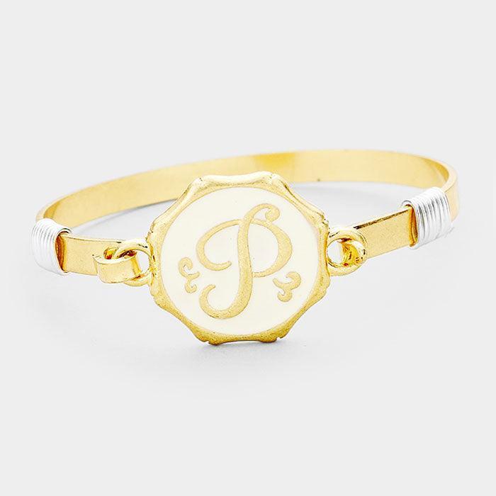 Gold 'P' Acrylic Monogram Metal Disc Hook Bracelet - Jewelry Store by Erik Rayo