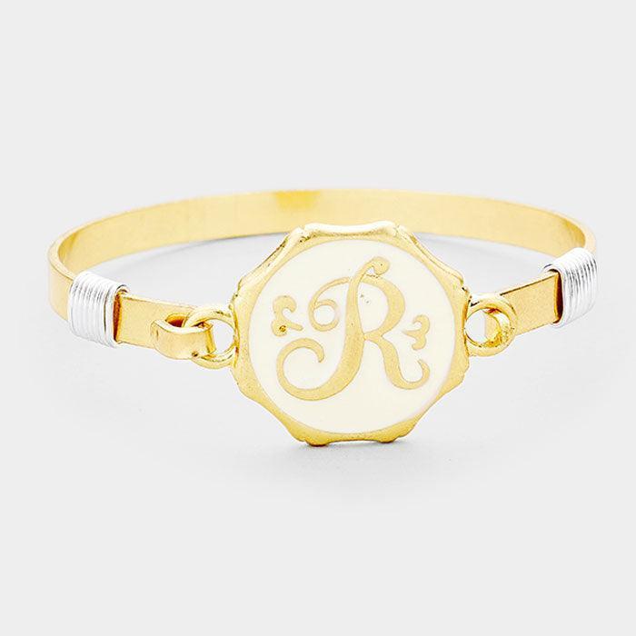 Gold 'R' Acrylic Monogram Metal Disc Hook Bracelet - Jewelry Store by Erik Rayo