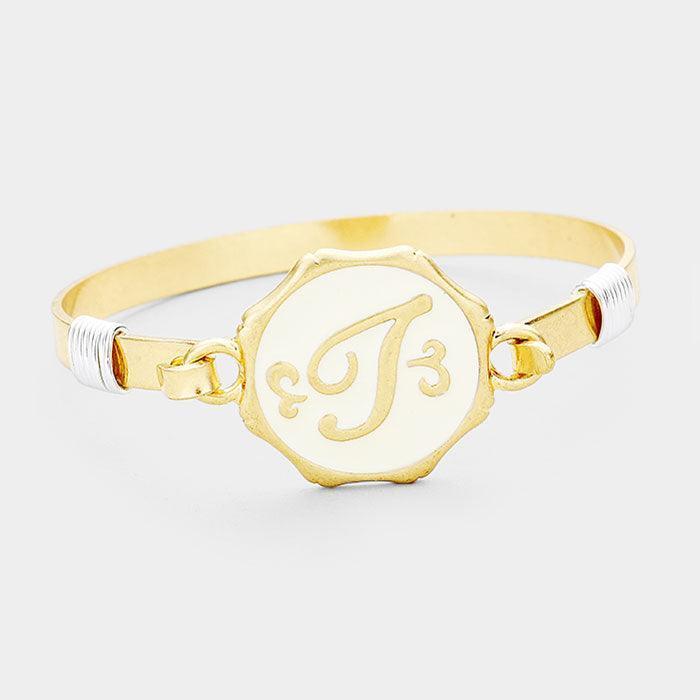 Gold 'T' Acrylic Monogram Metal Disc Hook Bracelet - Jewelry Store by Erik Rayo