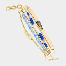 Load image into Gallery viewer, Gold Multi Strand Beaded Metal Wing Accented Toggle Bracelet
