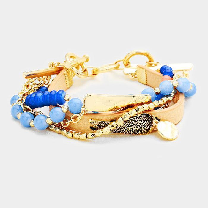 Gold Multi Strand Beaded Metal Wing Accented Toggle Bracelet - Jewelry Store by Erik Rayo