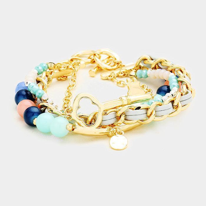 Gold Multi Strand Beaded Metal Key Accented Toggle Bracelet - Jewelry Store by Erik Rayo