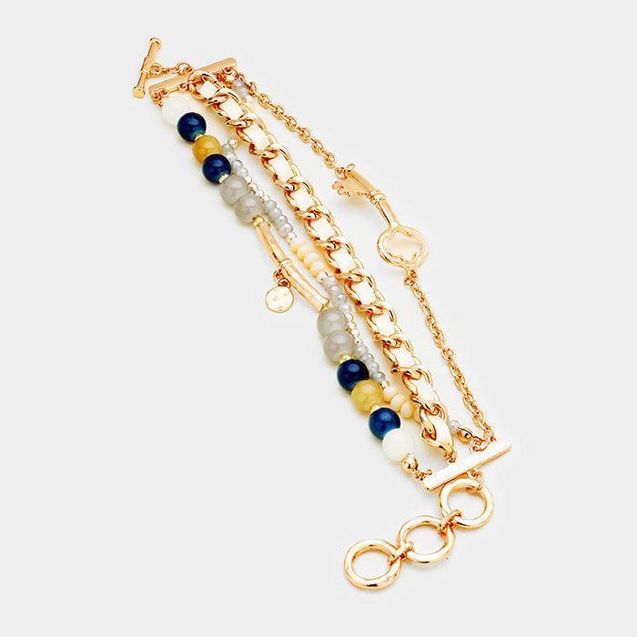 Gray Multi Strand Beaded Metal Key Accented Toggle Bracelet - Jewelry Store by Erik Rayo